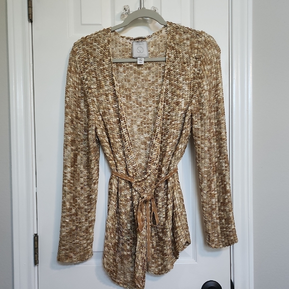 St. John Couture Tan Cream Braided Cardigan Sweater Suede Tie Waist Size M/L​​